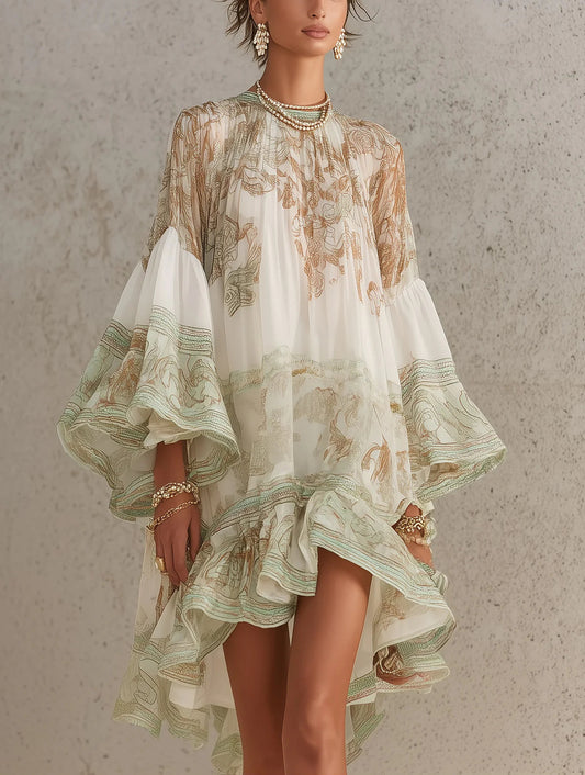 Vestido Mini de Gasa a Rayas con Mangas de Volantes Verde