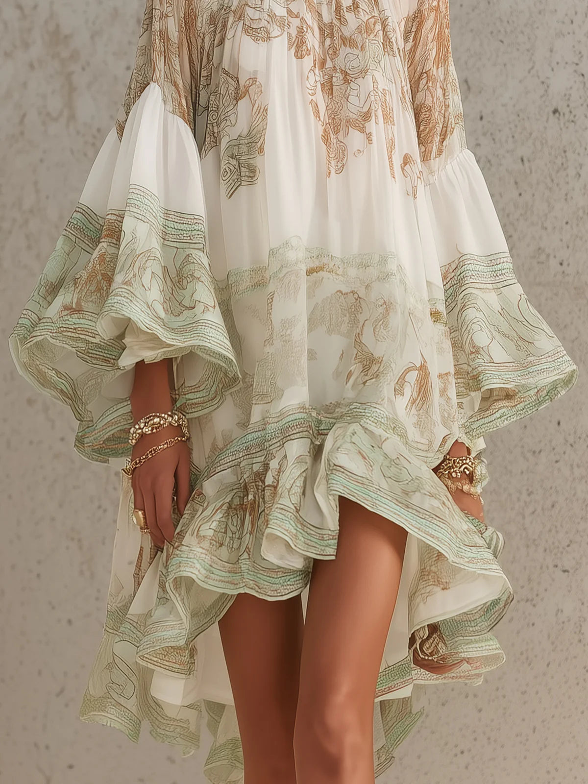 Vestido Mini de Gasa a Rayas con Mangas de Volantes Verde