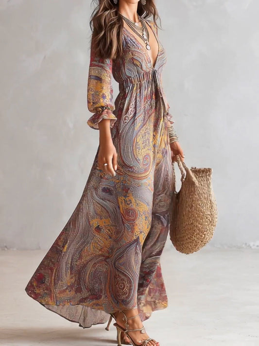 Vestido Maxi de Gasa con Estampado Paisley y Escote en V