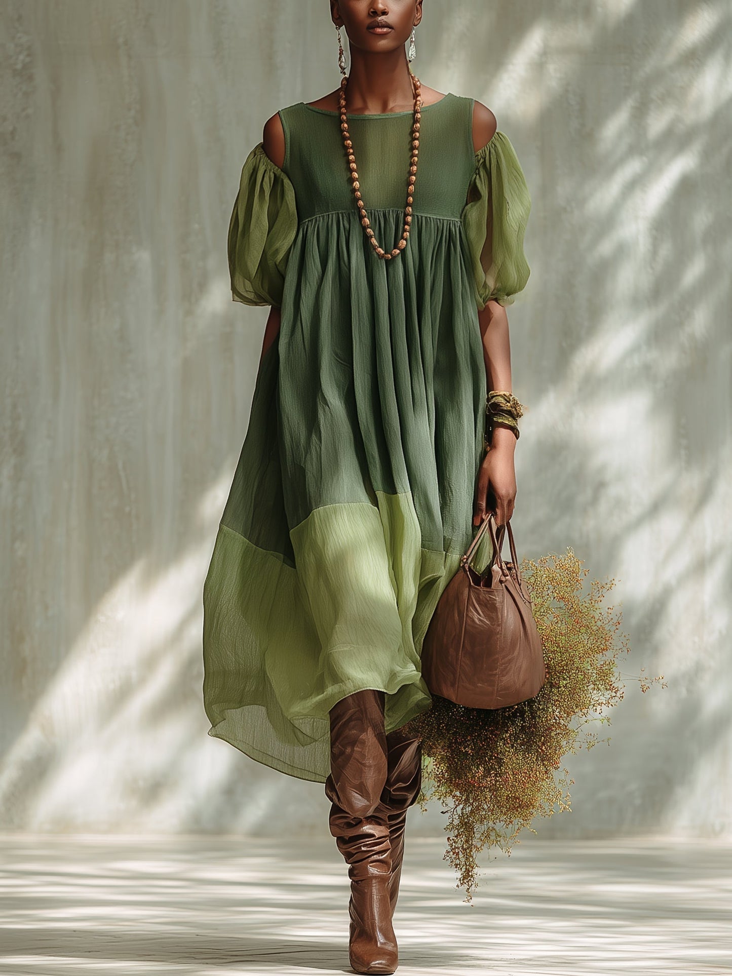Vestido Midi de Gasa Verde con Hombros Descubiertos