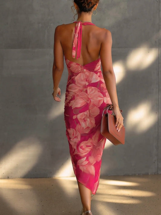 Vestido Bodycon sin Mangas con Estampado Floral Fucsia