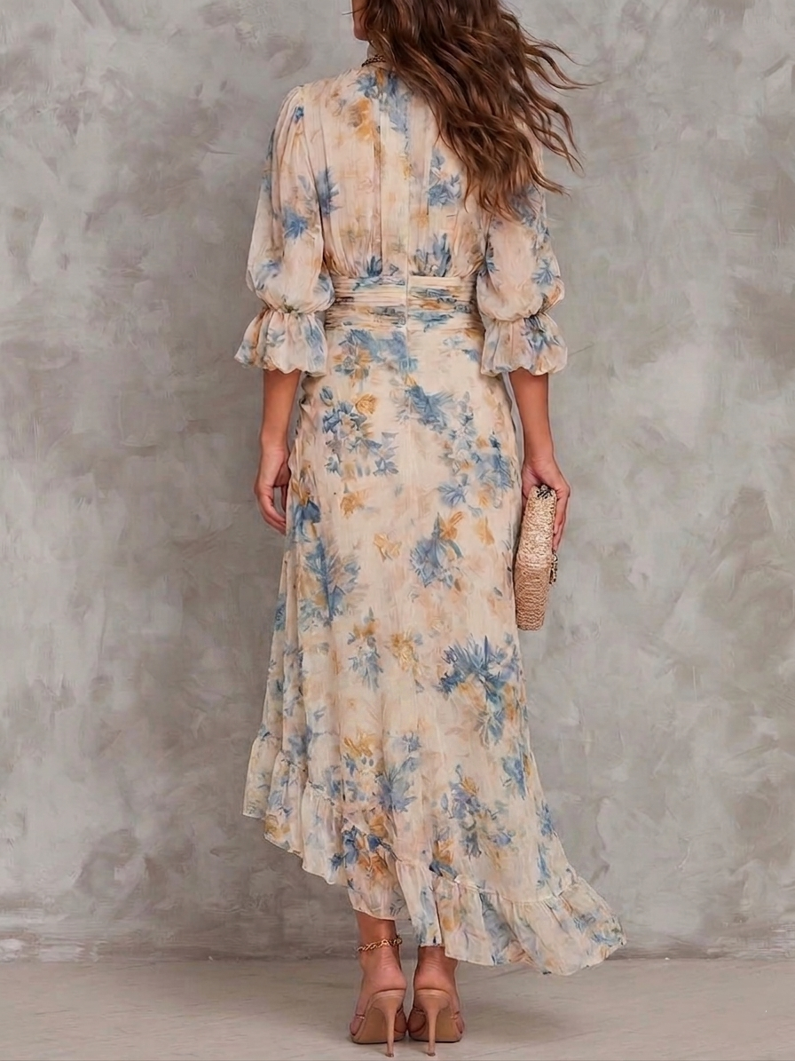Vestido Maxi de Gasa Irregular con Estampado Floral