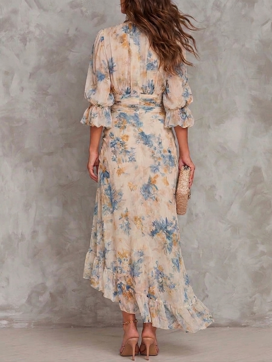 Vestido Maxi de Gasa Irregular con Estampado Floral