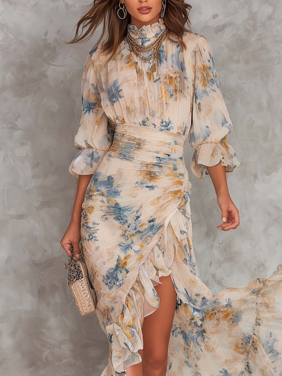 Vestido Maxi de Gasa Irregular con Estampado Floral
