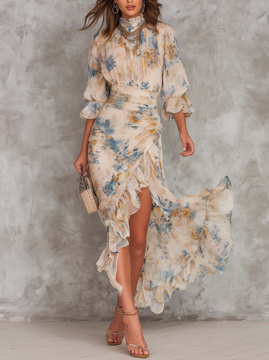 Vestido Maxi de Gasa Irregular con Estampado Floral