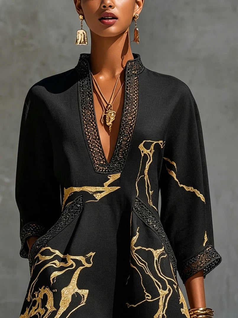 DANIELA | Vestido mini negro con estampado de mármol dorado y encaje de ganchillo