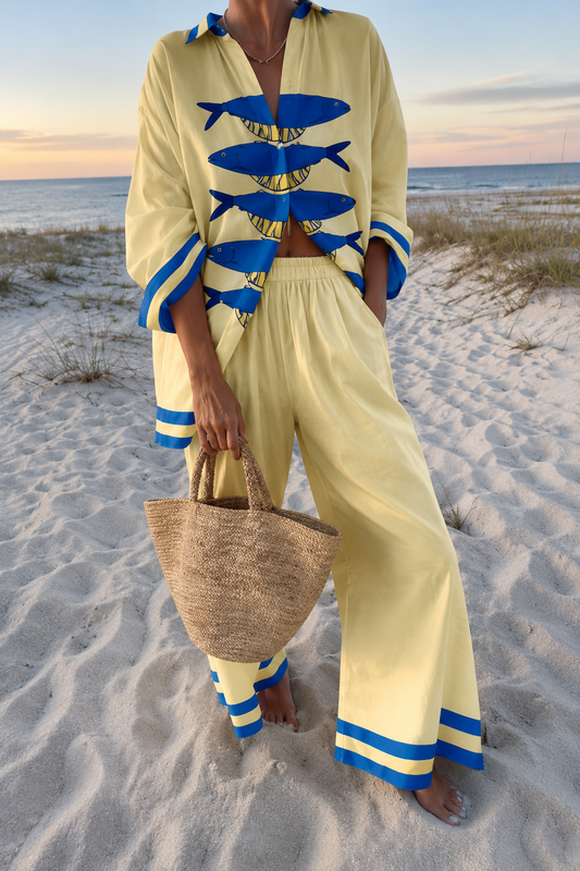 dalia conjunto pantalon ancho estampado peces amarillo