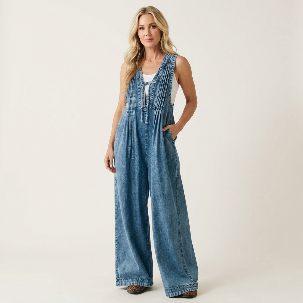 Griselda | Mono de Denim de Pierna Ancha Plisado