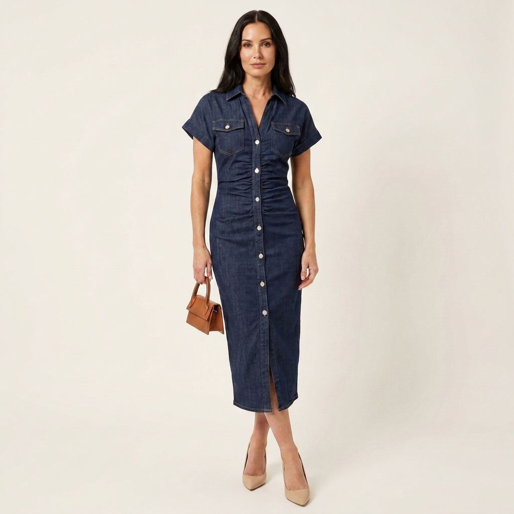 Maya | Vestido Midi Bodycon de Denim con Botonadura Delantera