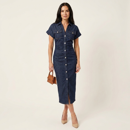 Maya | Vestido Midi Bodycon de Denim con Botonadura Delantera