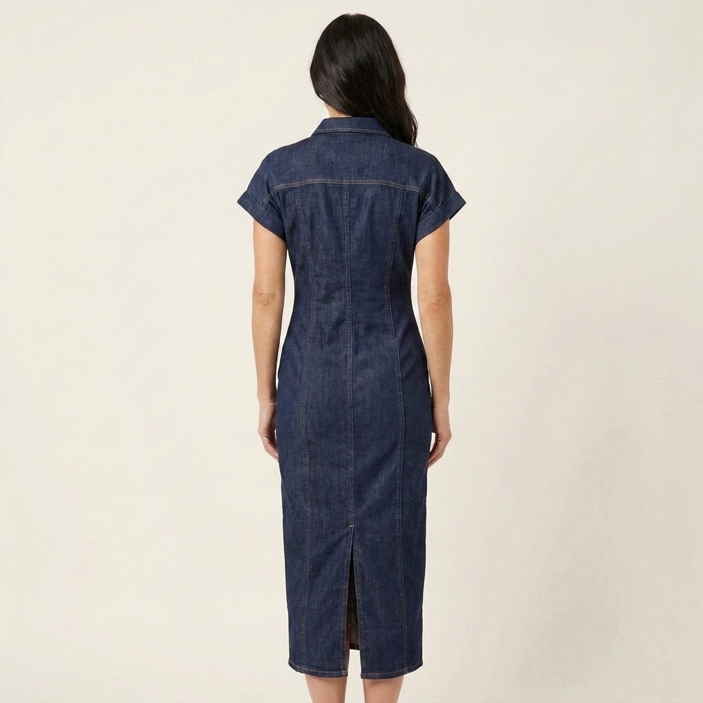 Maya | Vestido Midi Bodycon de Denim con Botonadura Delantera
