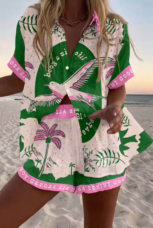 GAVIOTA™ | Conjunto camisa y short estampado palmeras y pájaros