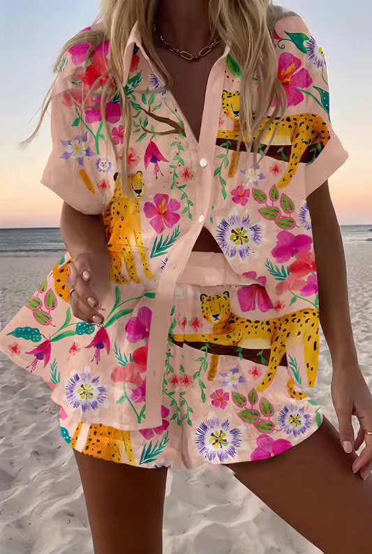 LEONA™ | Conjunto camisa y short estampado leopardo floral