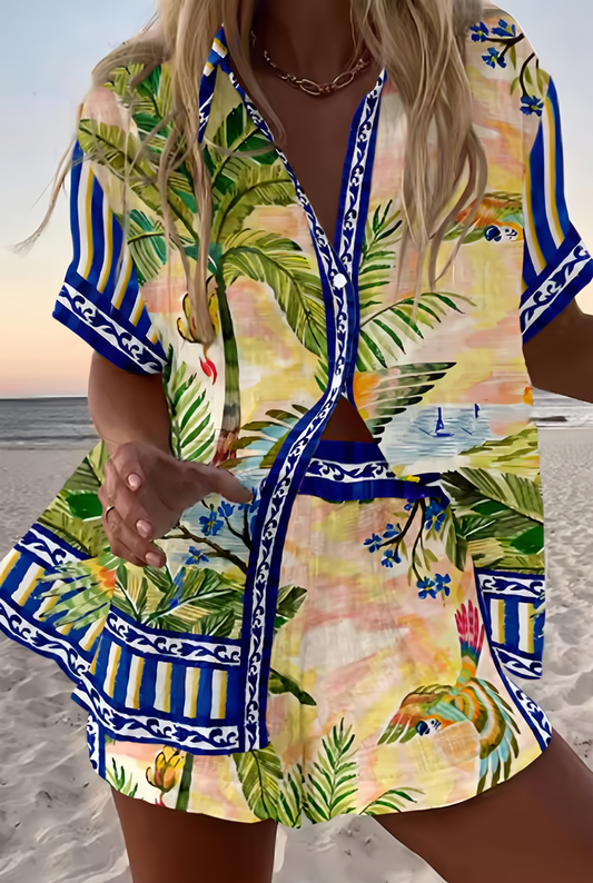 ESMERALDA™ | Conjunto camisa y short estampado hojas tropicales
