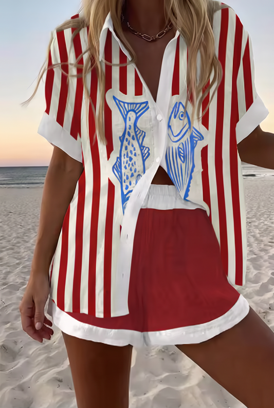 CEREZA™ | Conjunto camisa y short de rayas con peces koi