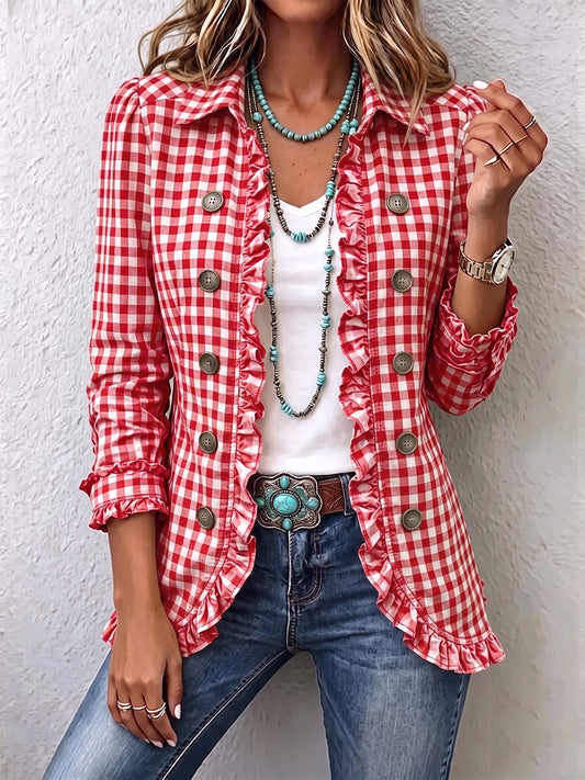 RAQUEL | Chaqueta de Cuadros Vichy Roja con Volantes