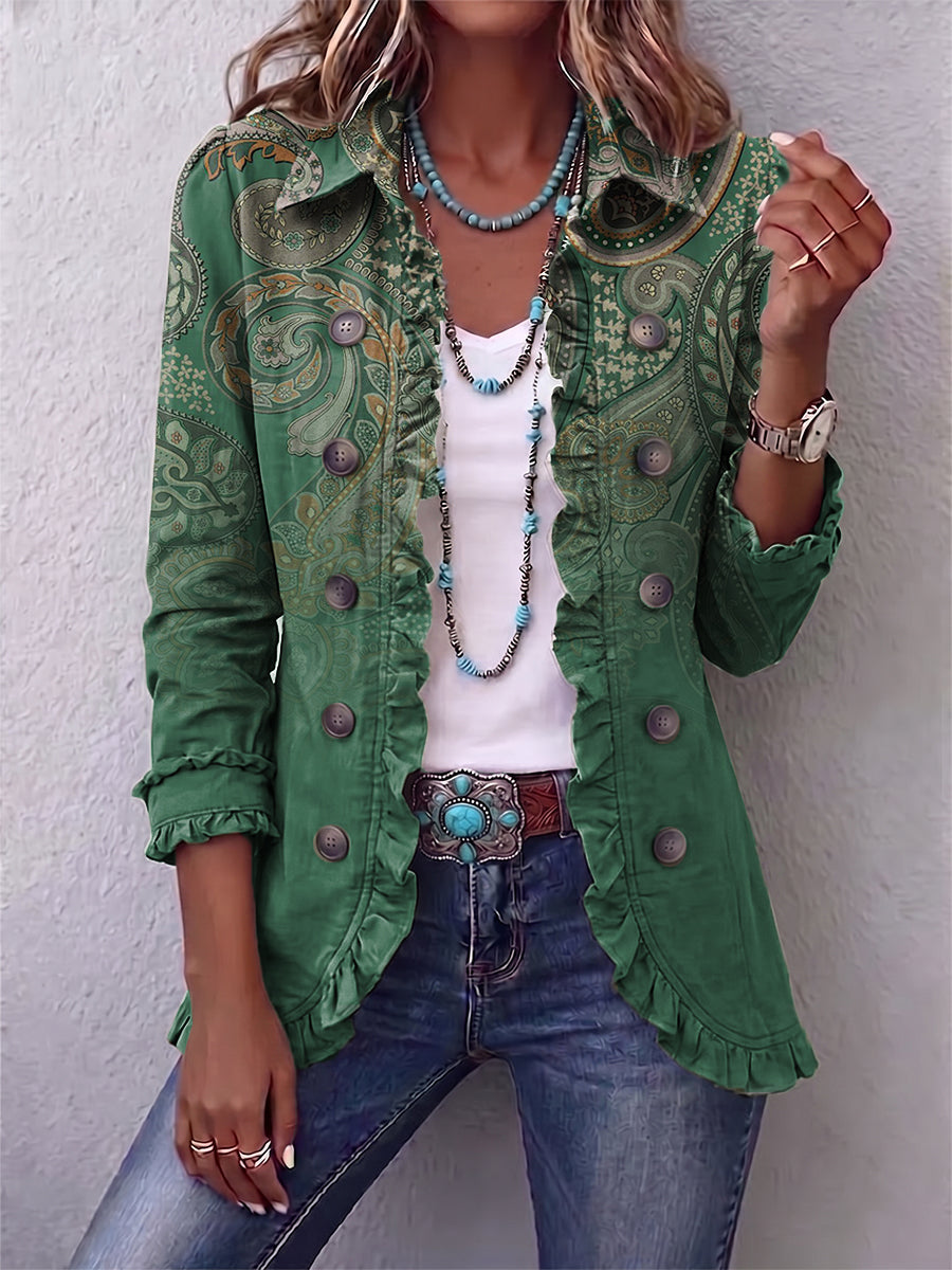 DOLORES | Chaqueta Estampado Cachemira Verde con Volantes