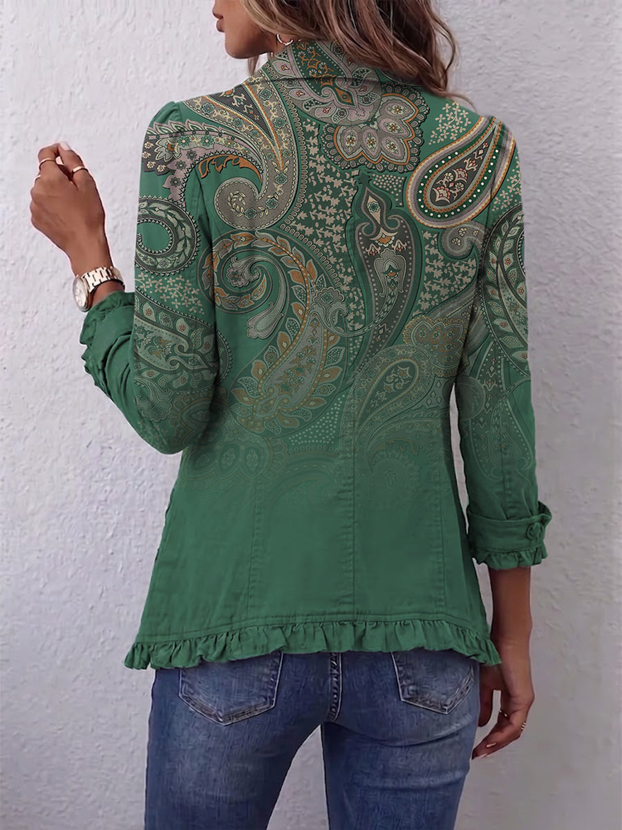 DOLORES | Chaqueta Estampado Cachemira Verde con Volantes