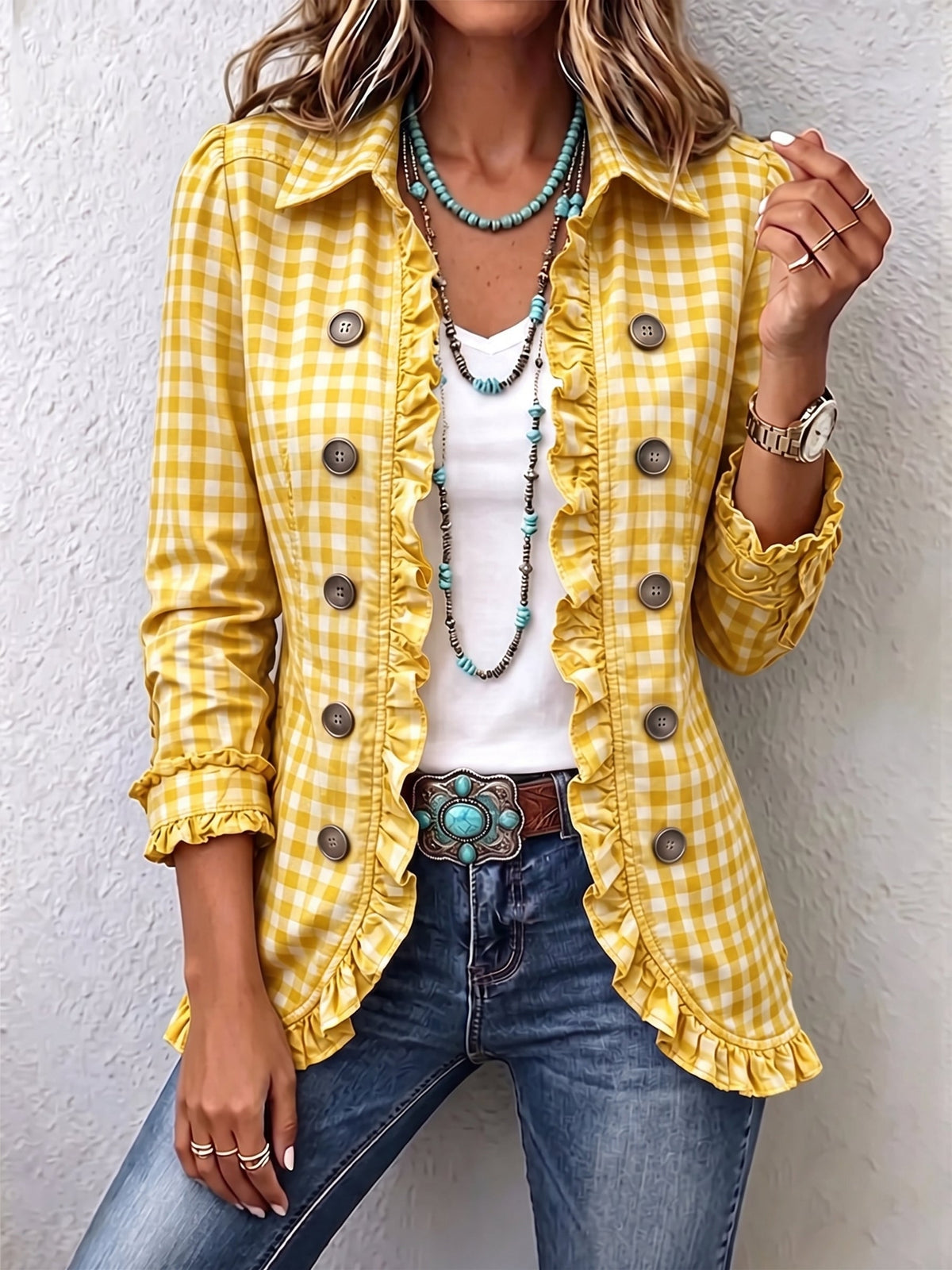 SUSANA | Chaqueta de Cuadros Vichy Amarilla con Volantes