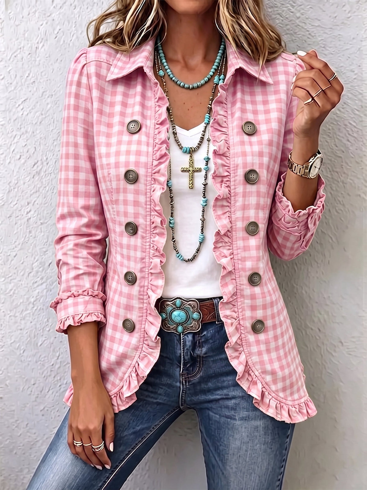 MÓNICA | Chaqueta de Cuadros Vichy Rosa con Volantes