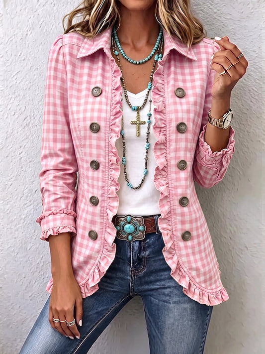 MÓNICA | Chaqueta de Cuadros Vichy Rosa con Volantes