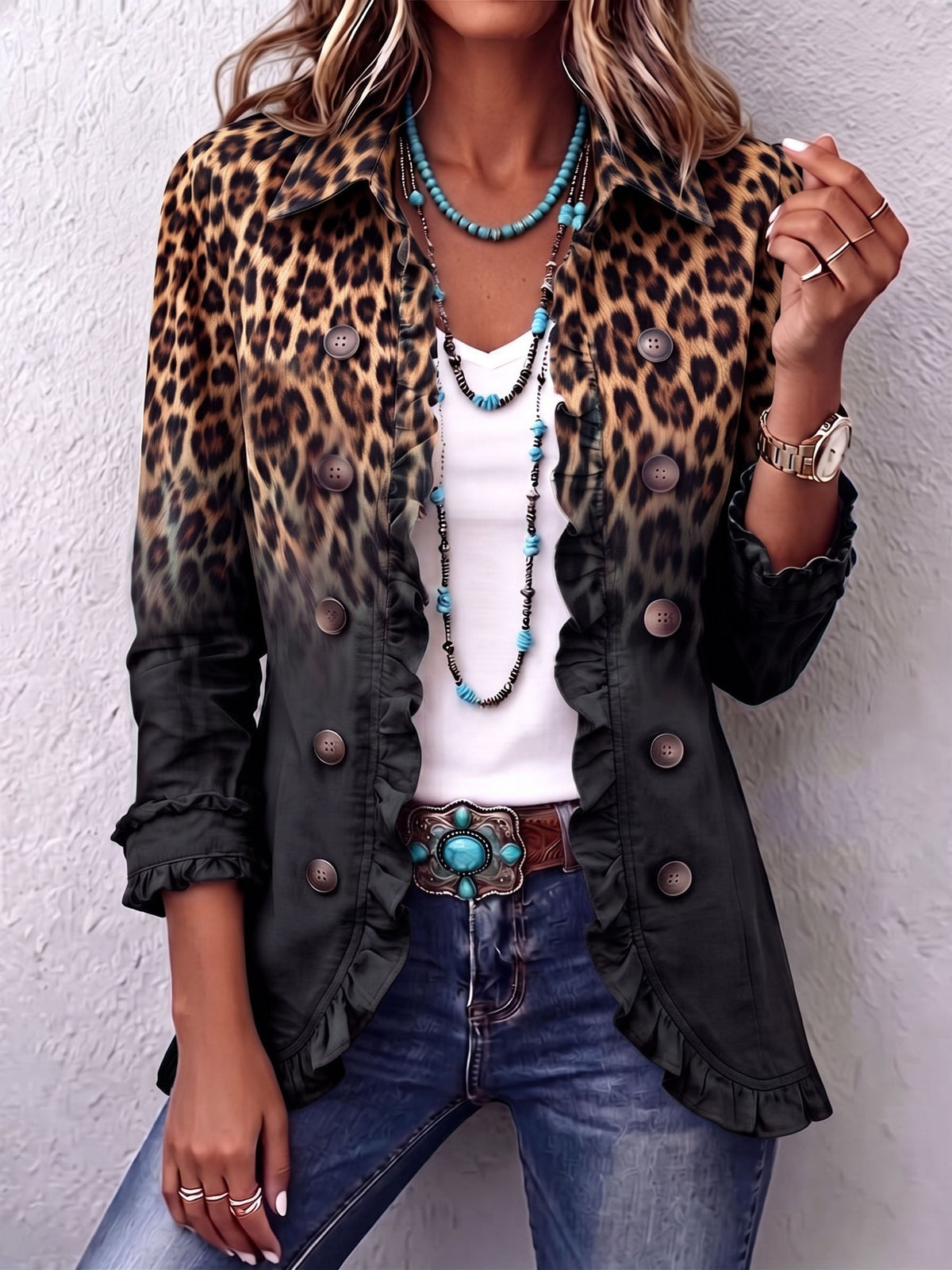 HERMINIA | Blazer Leopardo Negro con Volantes