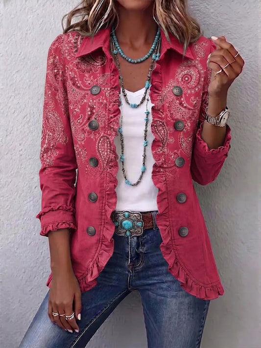 INÉS | Chaqueta Estampado Cachemira Rosa con Volantes